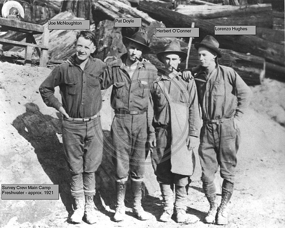 1921 survey crew main camp Freshwater California Lt to rt Joe McNoughton Pat Doyle Herbert O'Conner Lorenzo Hughes