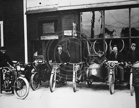 Motorcycles Group of Motorcycles Indian, Thor, Harley Davidson & Excelsior in front of Bike Shop c.1920's 2400dpi   Harley Davidson