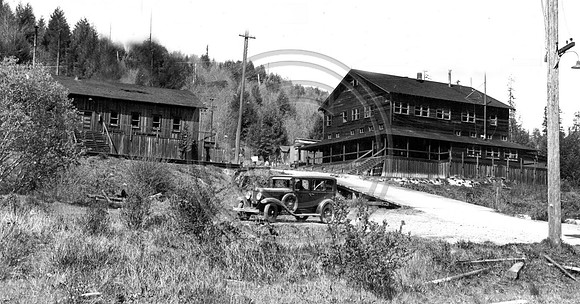 Freshwater Camp March 23rd 1941 Cookhouse is on the Left and Commissary with bunk houses in the rear is on the right