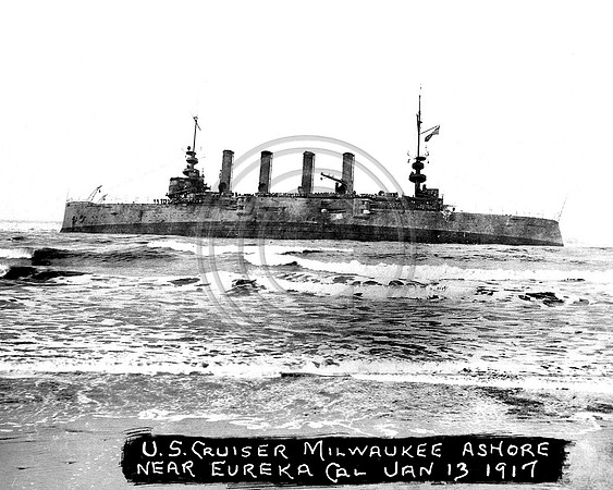 U.S.S.Milwaukee sits in the surf at Samoa California 1916