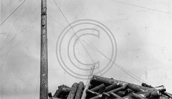 A deck of logs at Feather River Pine Mills circa 1928
