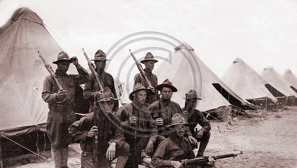 World War one soldiers pose out side of their tents at Camp Kearney